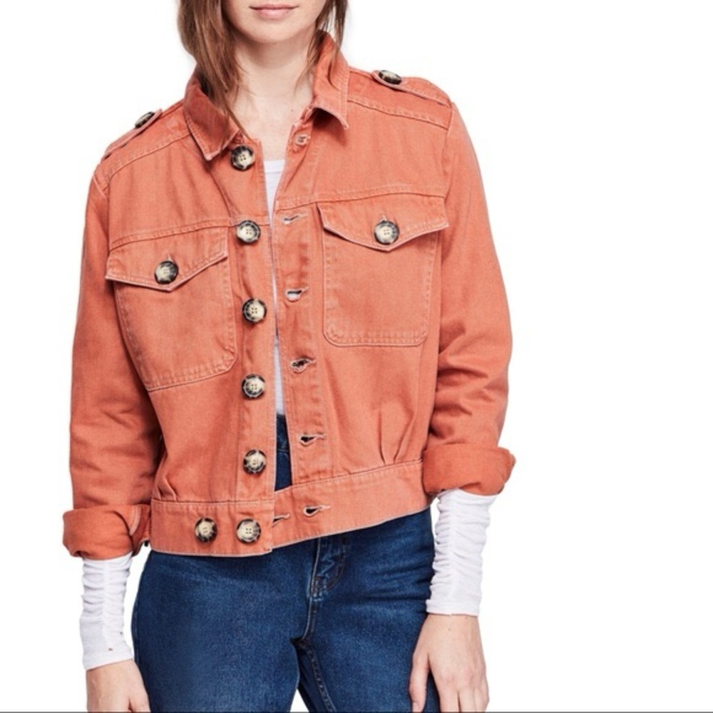 Free People Eisenhower Slouchy Boho Denim Button Up Fall Jacket Terracotta S - Picture 2 of 12